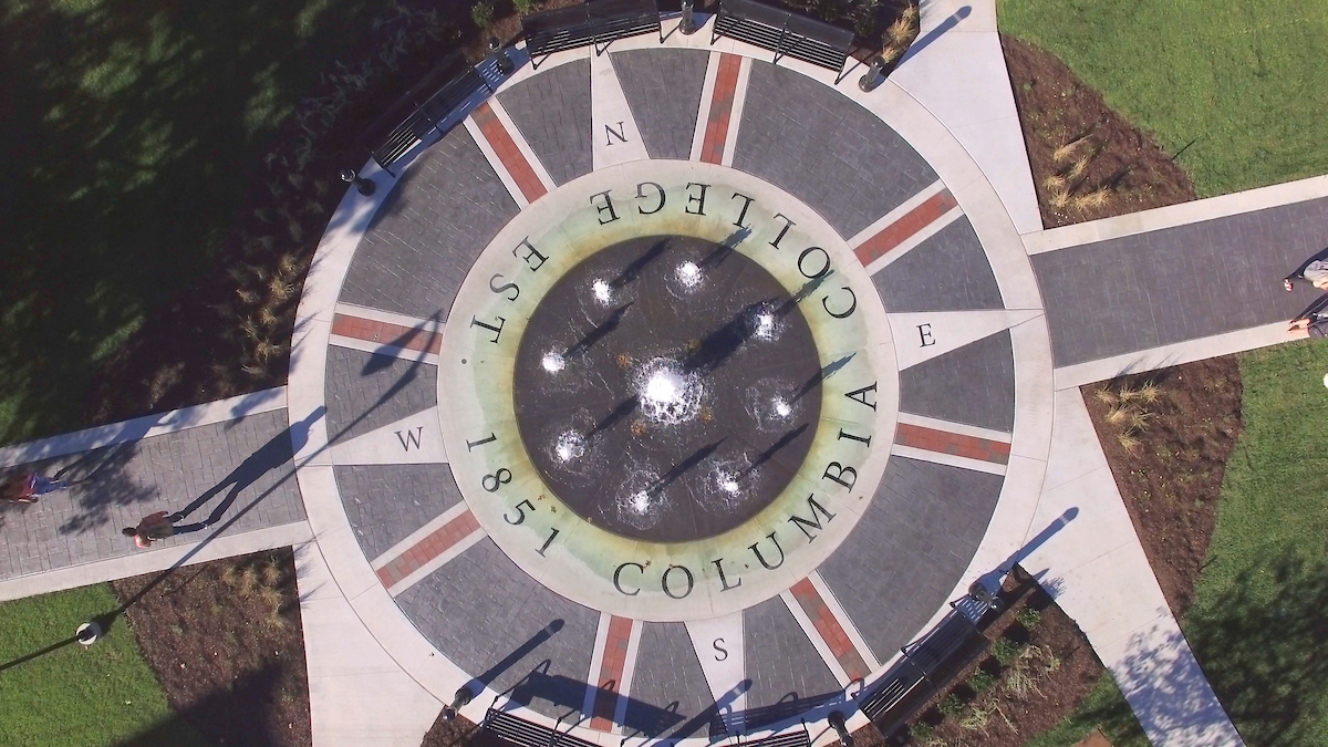 Overhead photo of the Columbia College, est. 1851, Alumni Fountain.